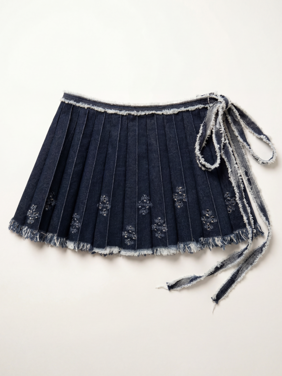 DOUBLE-FACE PLEATED DENIM MINI SKIRT
