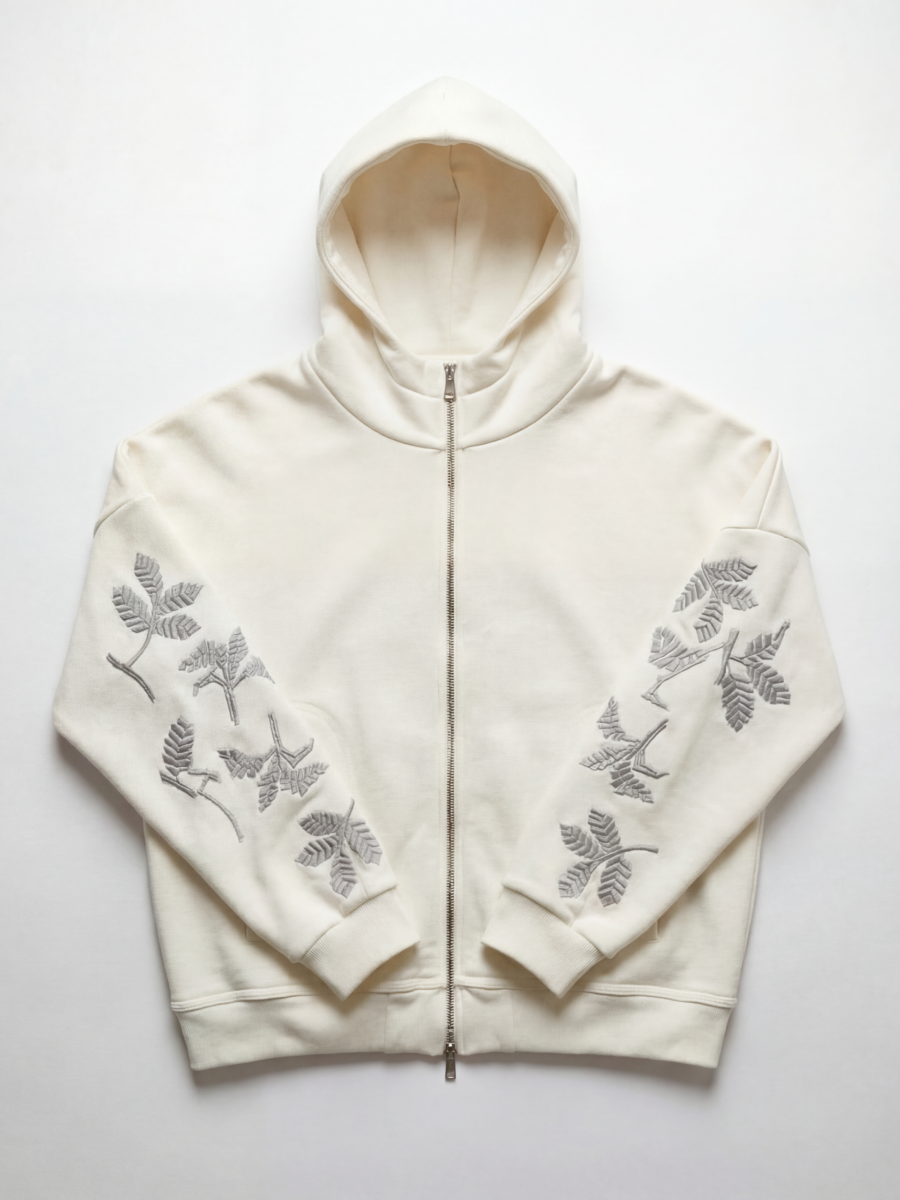 EMBROIDERED SLEEVE ZIP-UP HOODIE