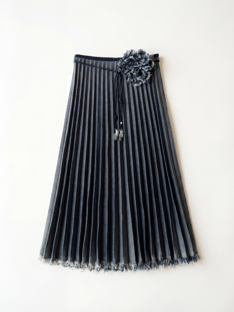 DOUBLE-FACE PLEATED DENIM MIDI SKIRT